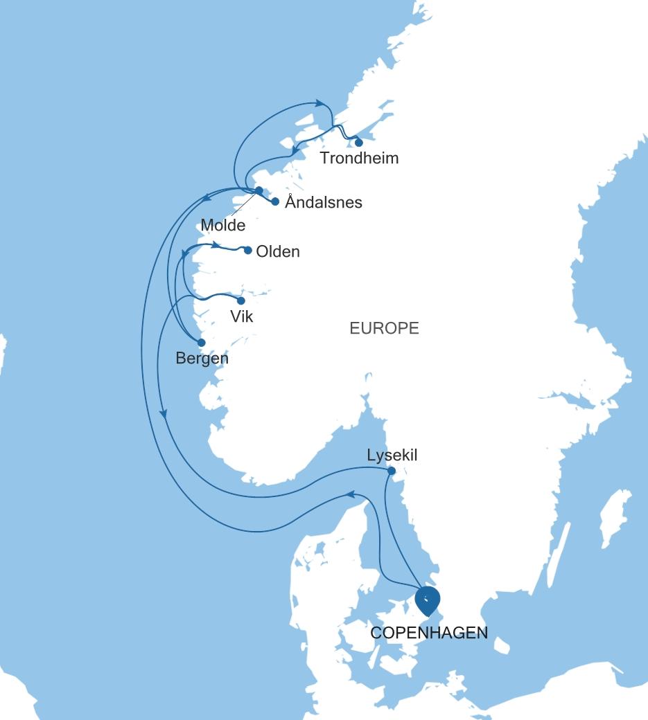 Silver Dawn Copenhagen to Copenhagen voyage DA270711010 itinerary map