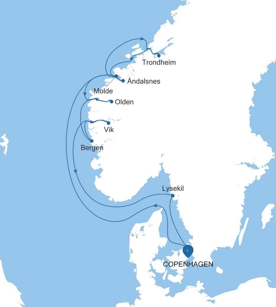 Silver Dawn Copenhagen to Copenhagen voyage DA270721010 itinerary map