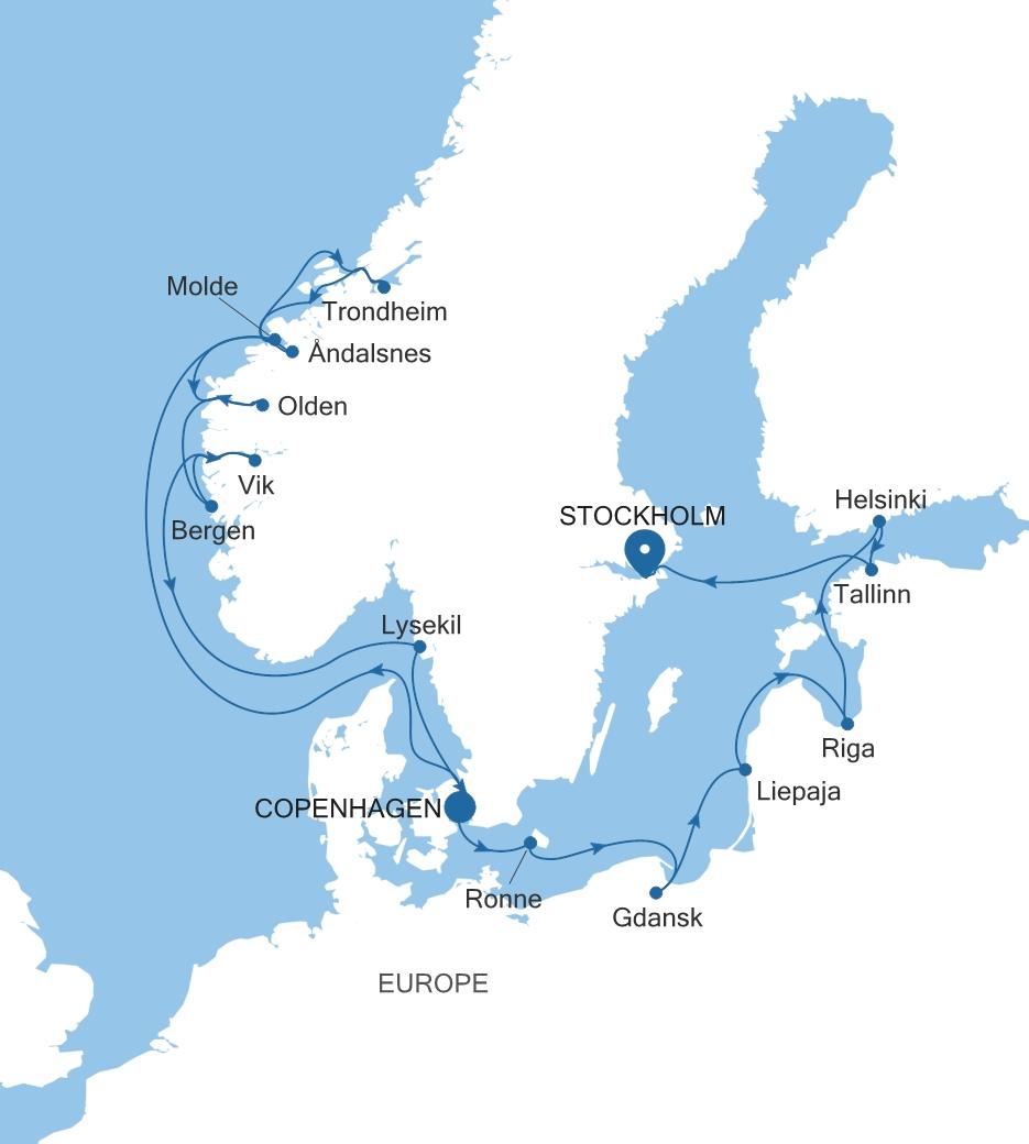 Silver Dawn Copenhagen to Stockholm voyage DA270721C17 itinerary map