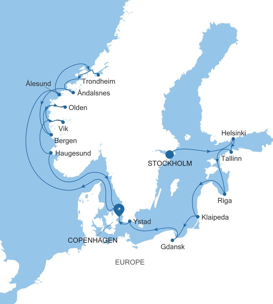 Silver Dawn Stockholm to Copenhagen voyage DA270807C17 itinerary map