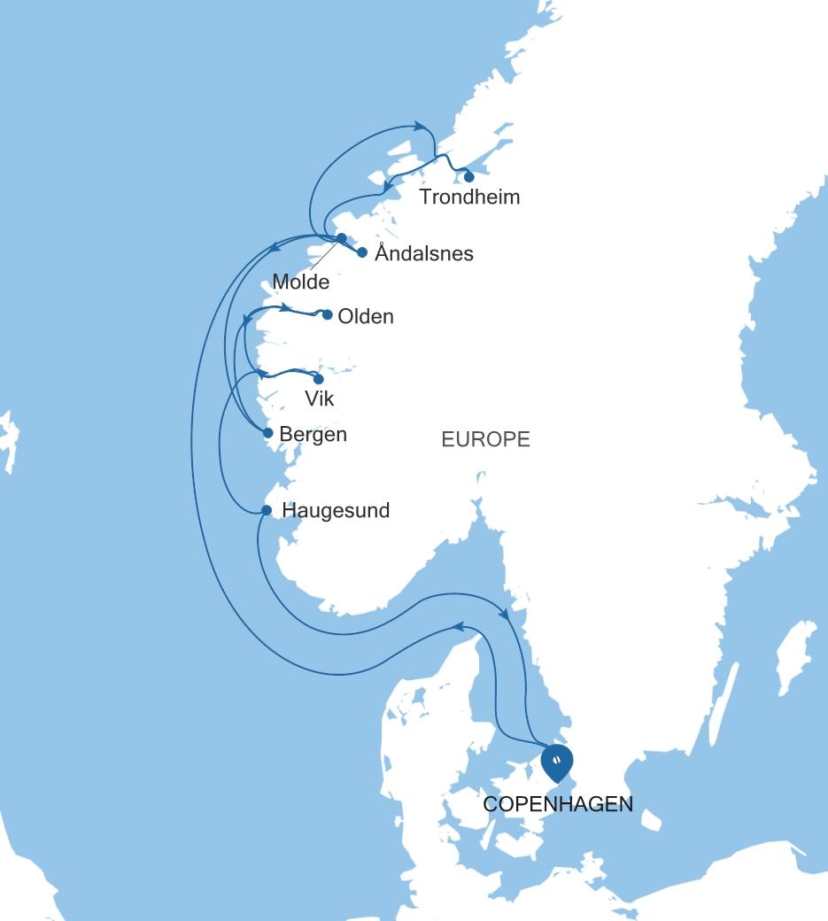 Silver Dawn Copenhagen to Copenhagen voyage DA270814010 itinerary map