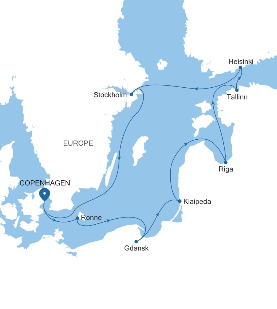 Silver Dawn Copenhagen to Copenhagen voyage DA270824010 itinerary map