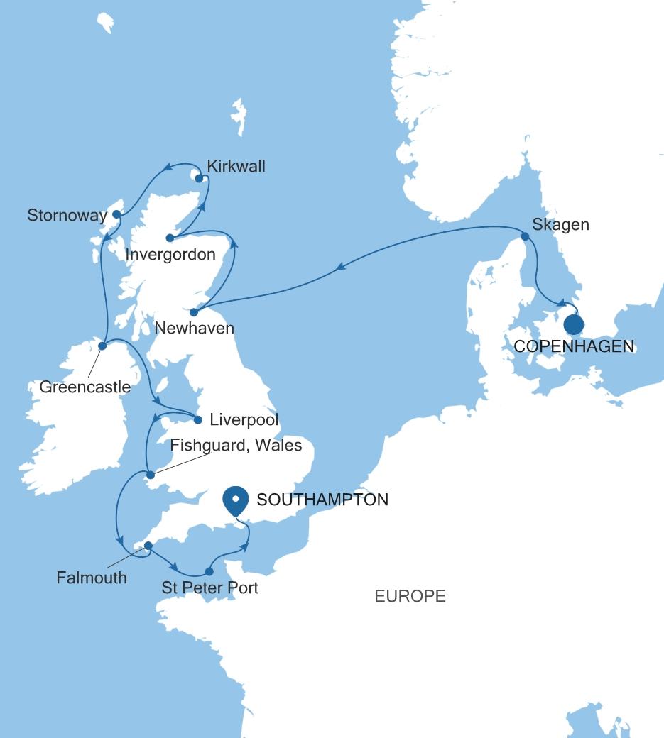 Silver Dawn Copenhagen to Southampton voyage DA270903012 itinerary map