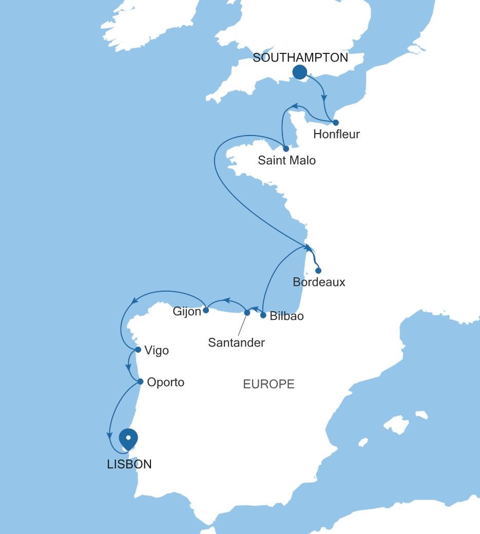 Silver Dawn Southampton to Lisbon voyage DA270915013 itinerary map