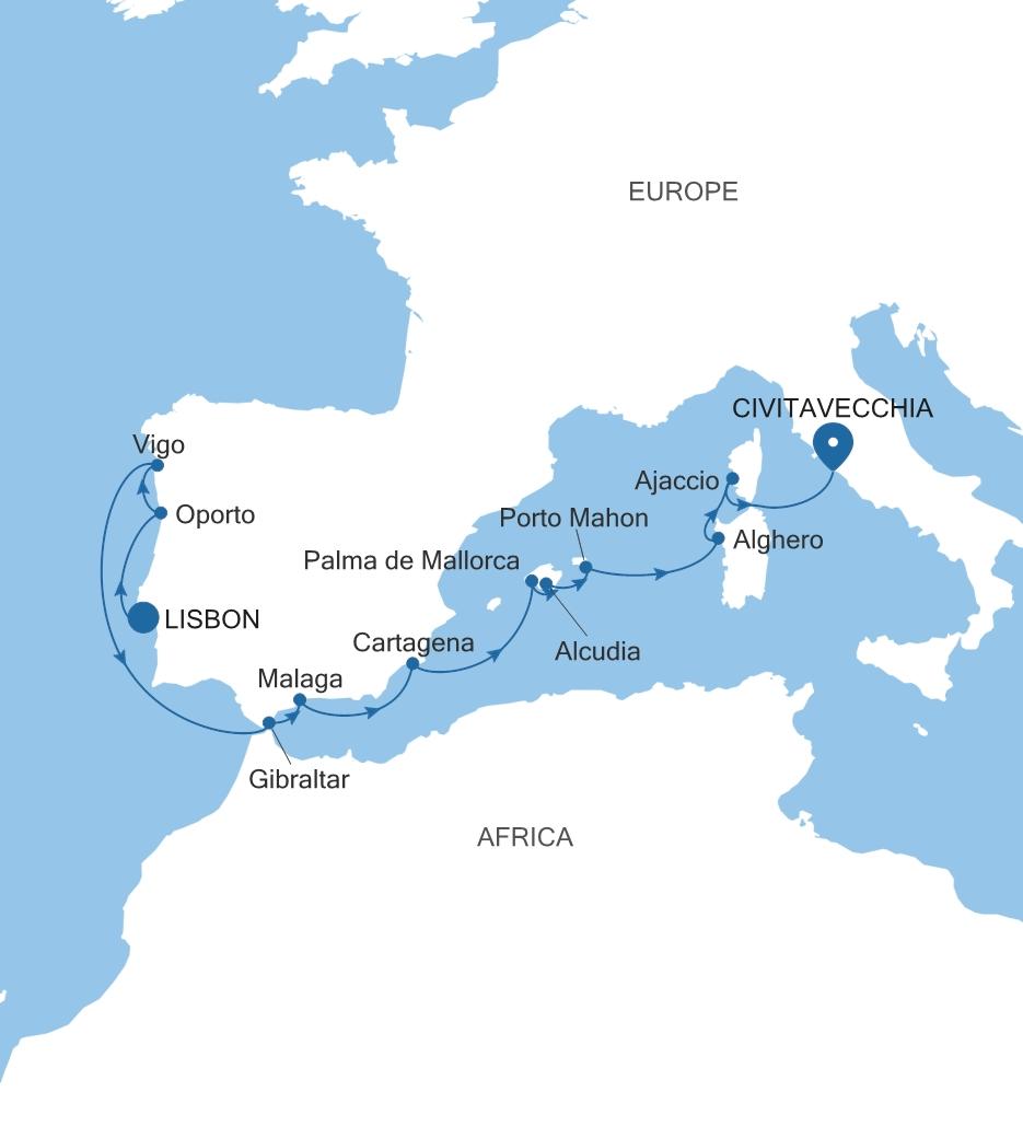 Silver Dawn Lisbon to Civitavecchia (Rome) voyage DA270928012 itinerary map