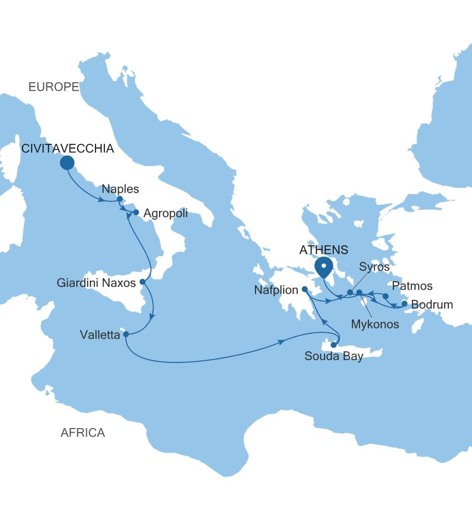 Silver Dawn Civitavecchia (Rome) to Athens (Piraeus) voyage DA271010012 itinerary map