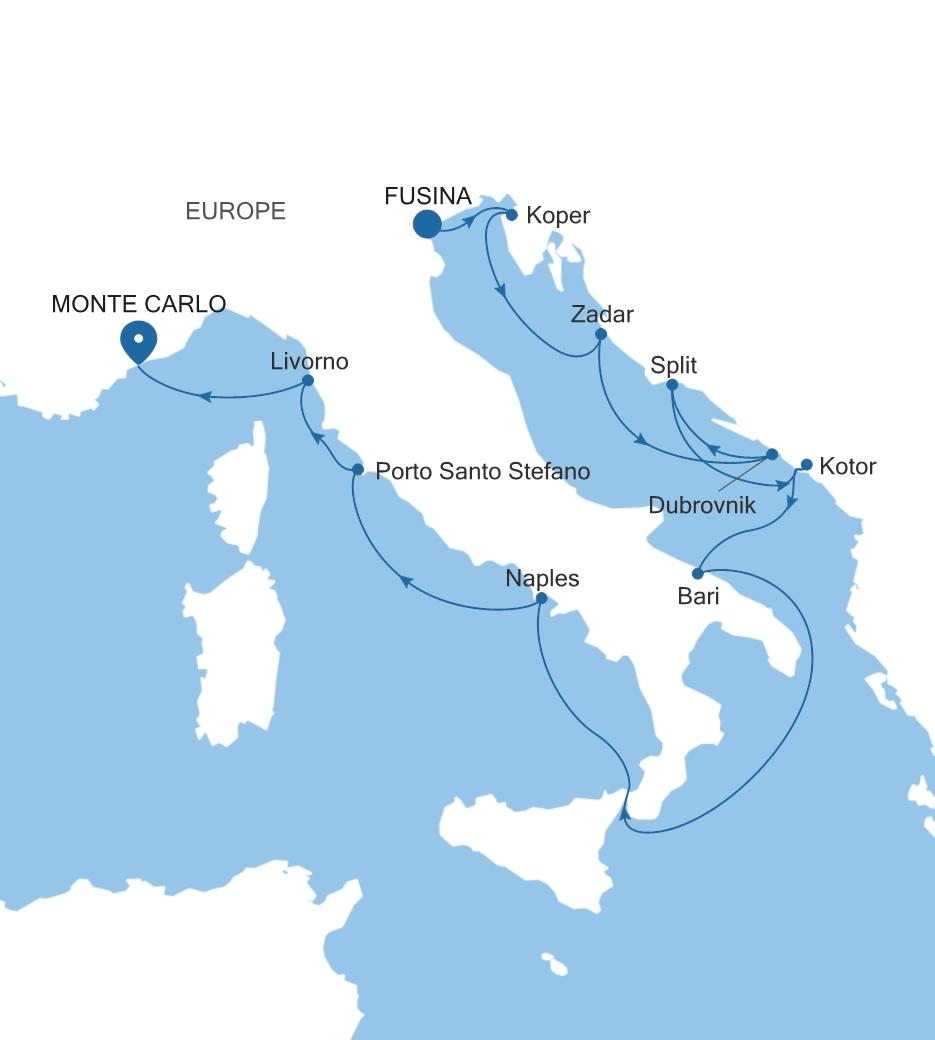 Silver Dawn Fusina (Venice) to Monte Carlo voyage DA271103012 itinerary map