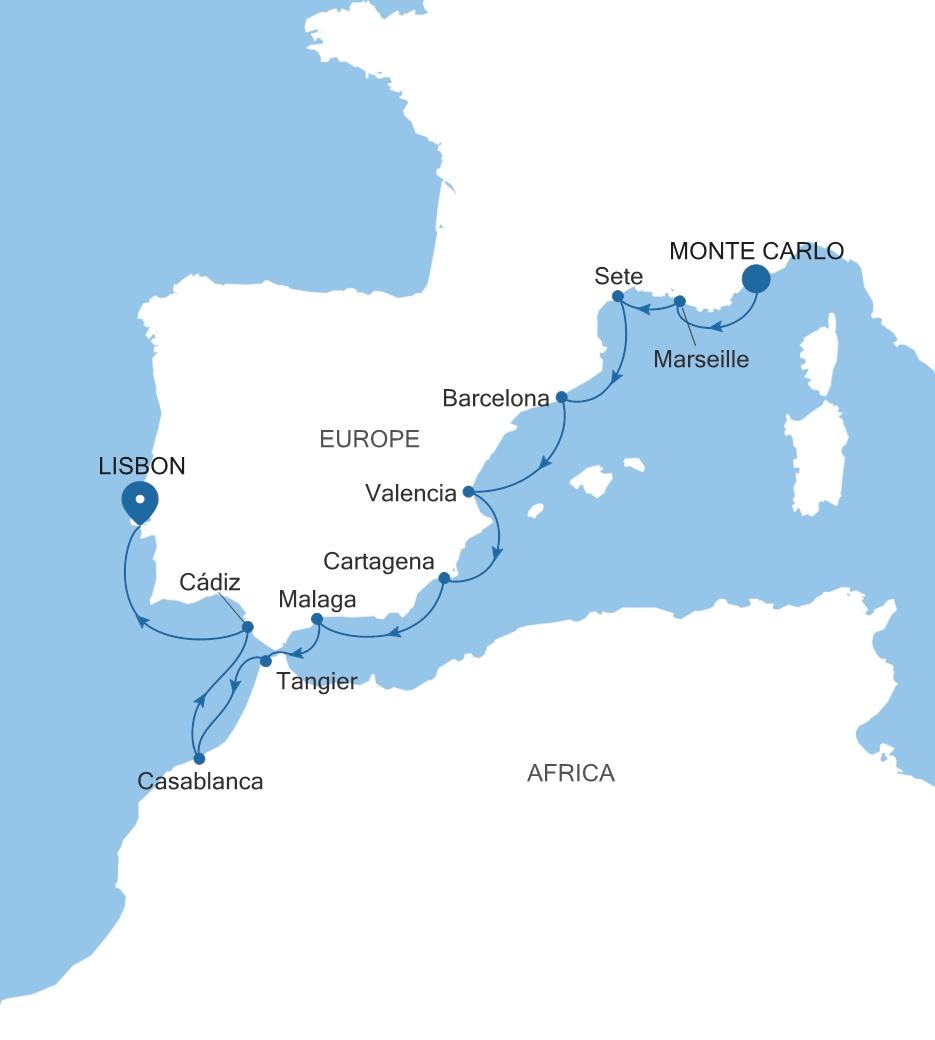 Silver Dawn Monte Carlo to Lisbon voyage DA271115012 itinerary map