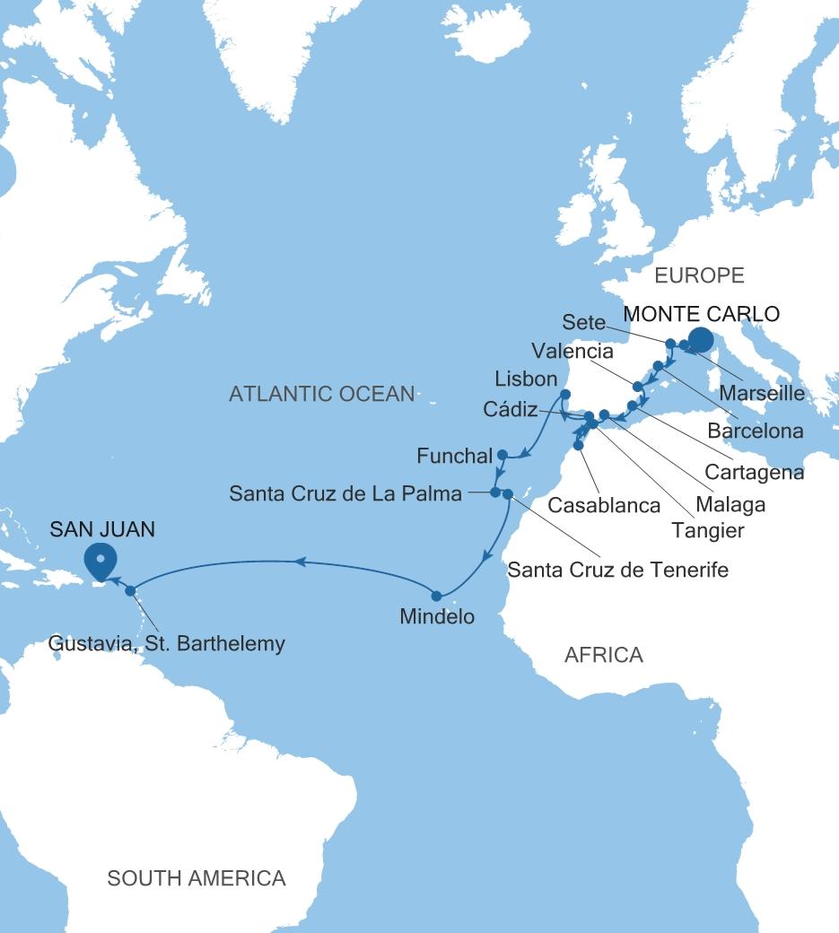 Silver Dawn Monte Carlo to San Juan voyage DA271115C26 itinerary map