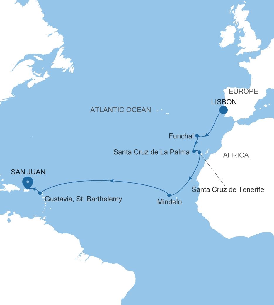 Silver Dawn Lisbon to San Juan voyage DA271127014 itinerary map