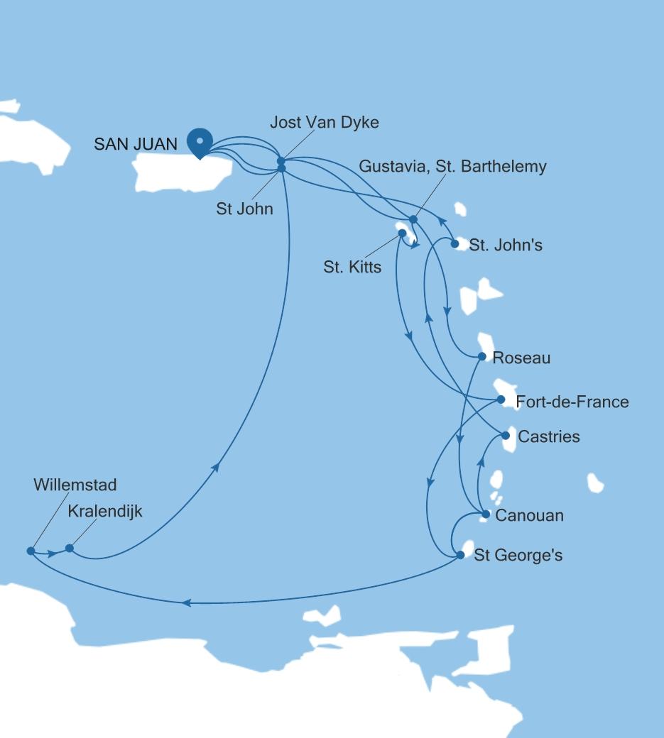 Silver Dawn San Juan to San Juan voyage DA280115C21 itinerary map