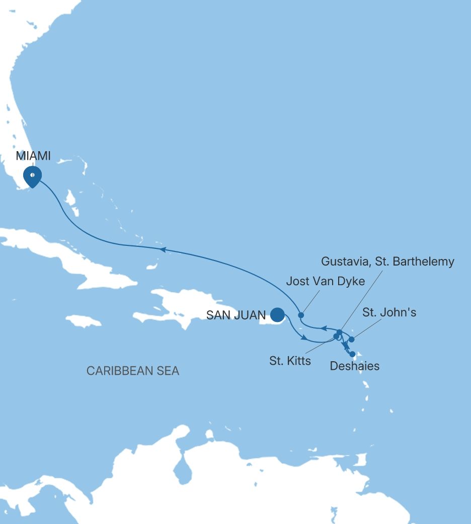 Silver Dawn San Juan to Miami, FL voyage DA280224008 itinerary map