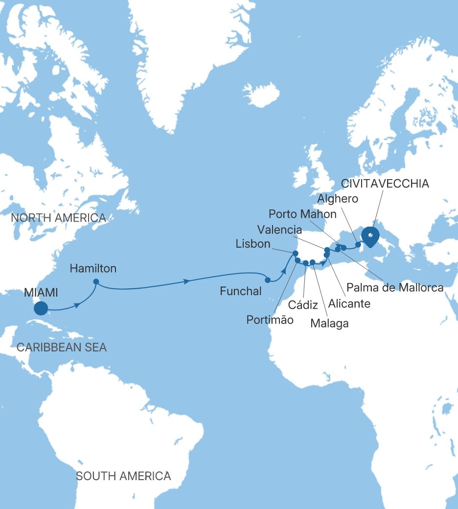 Silver Dawn Miami, FL to Civitavecchia (Rome) voyage DA280324C25 itinerary map