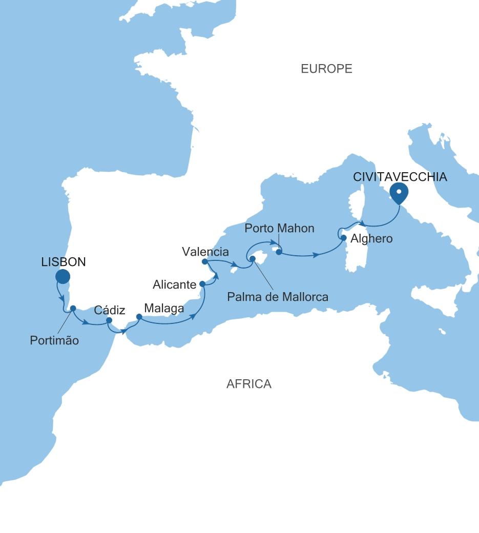 Silver Dawn Lisbon to Civitavecchia (Rome) voyage DA280408010 itinerary map
