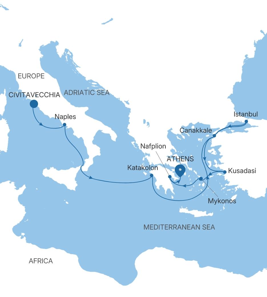 Silver Dawn Civitavecchia (Rome) to Athens (Piraeus) voyage DA280418011 itinerary map