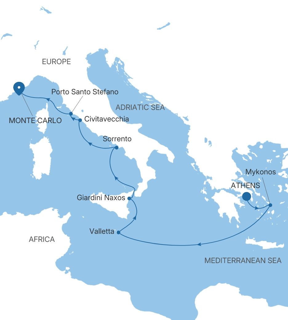 Silver Dawn Athens (Piraeus) to Monte Carlo voyage DA280429009 itinerary map