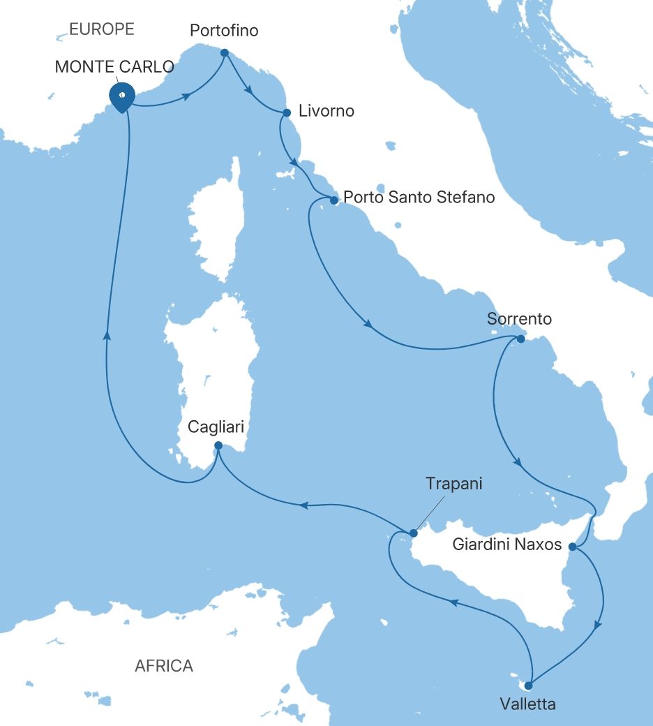 Silver Dawn Monte Carlo to Monte Carlo voyage DA280513011 itinerary map