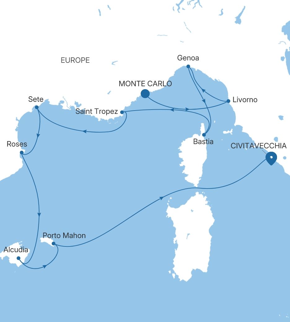Silver Dawn Monte Carlo to Civitavecchia (Rome) voyage DA280524010 itinerary map