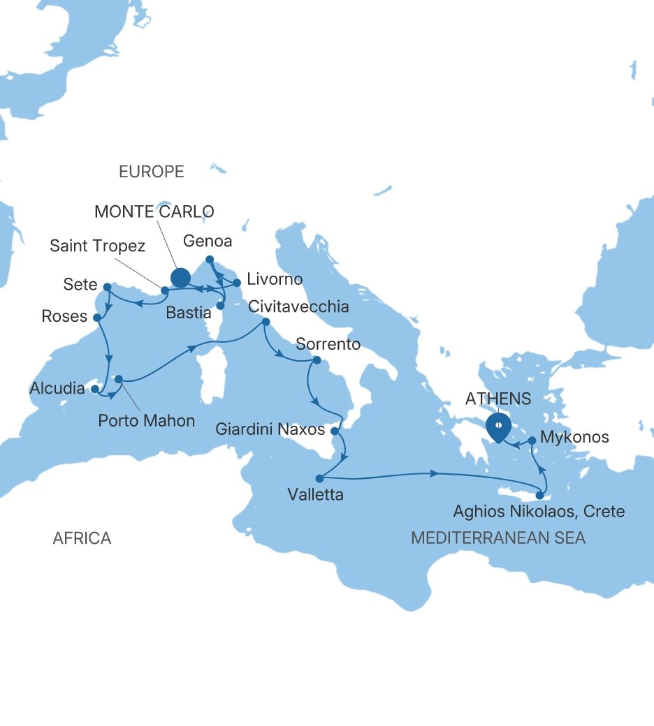 Silver Dawn Monte Carlo to Athens (Piraeus) voyage DA280524C17 itinerary map