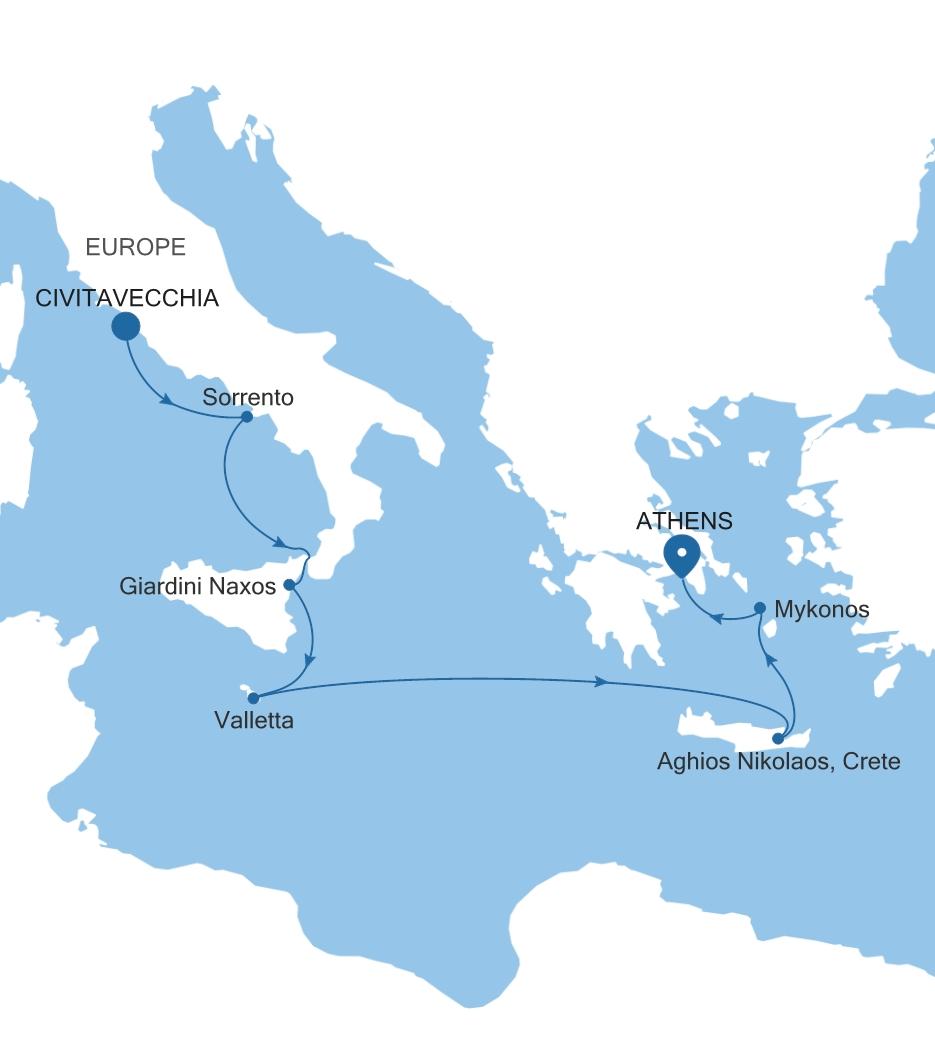 Silver Dawn Civitavecchia (Rome) to Athens (Piraeus) voyage DA280603007 itinerary map