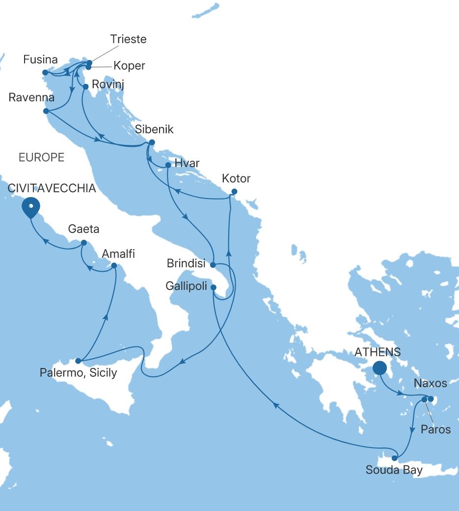 Silver Dawn Athens (Piraeus) to Civitavecchia (Rome) voyage DA280610C20 itinerary map
