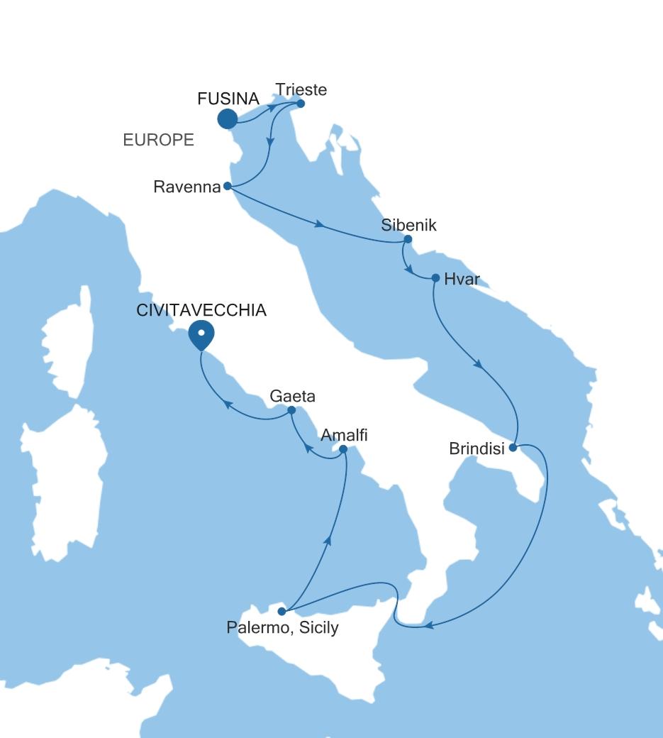 Silver Dawn Fusina (Venice) to Civitavecchia (Rome) voyage DA280620010 itinerary map