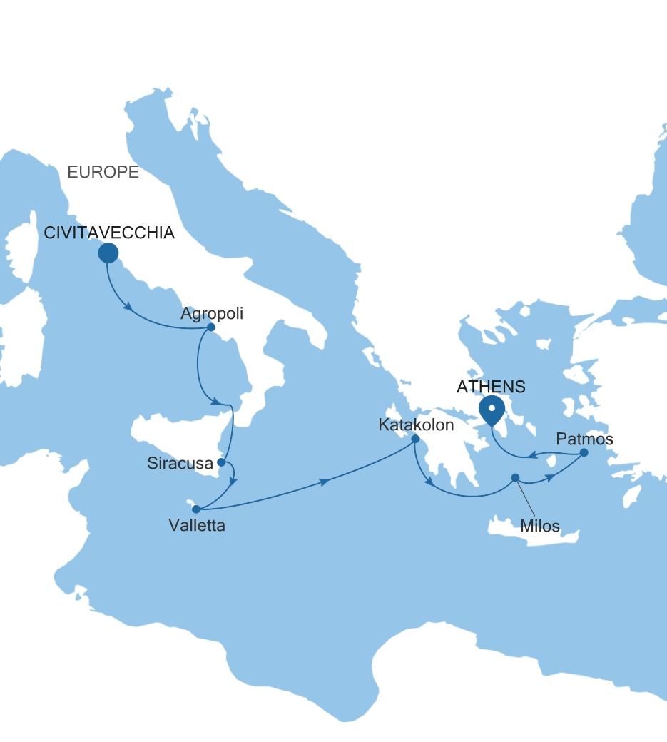 Silver Dawn Civitavecchia (Rome) to Athens (Piraeus) voyage DA280630008 itinerary map
