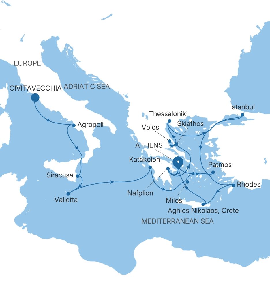 Silver Dawn Civitavecchia (Rome) to Athens (Piraeus) voyage DA280630C19 itinerary map