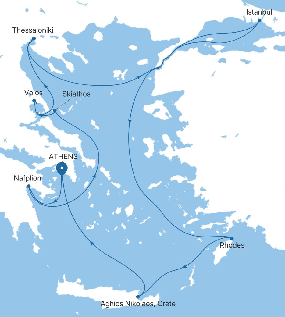 Silver Dawn Athens (Piraeus) to Athens (Piraeus) voyage DA280708011 itinerary map