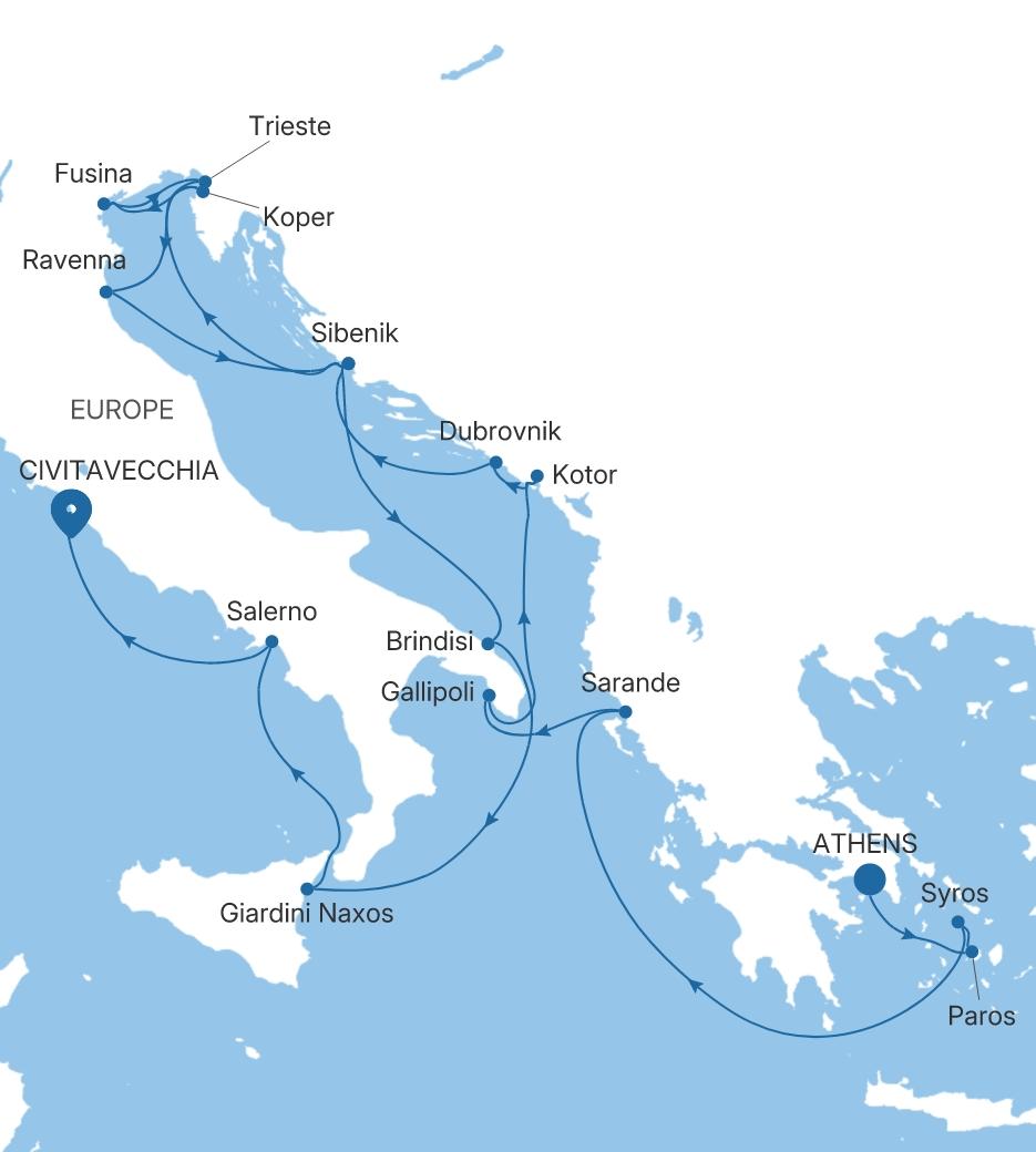 Silver Dawn Athens (Piraeus) to Civitavecchia (Rome) voyage DA280719C18 itinerary map