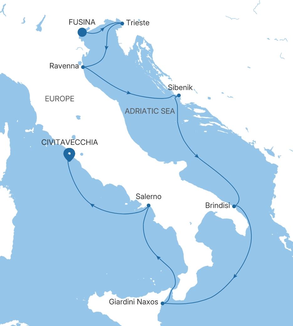 Silver Dawn Fusina (Venice) to Civitavecchia (Rome) voyage DA280729008 itinerary map