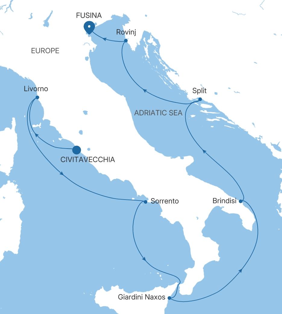Silver Dawn Civitavecchia (Rome) to Fusina (Venice) voyage DA280806009 itinerary map