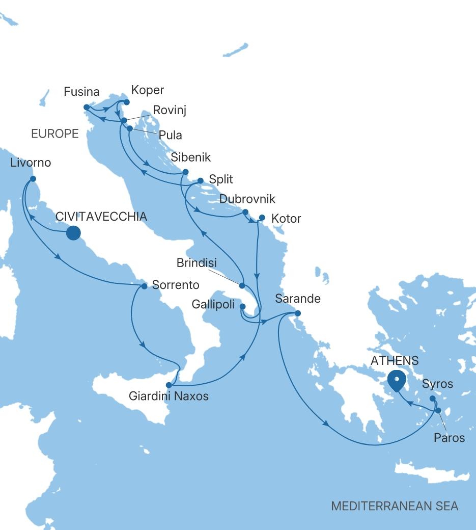 Silver Dawn Civitavecchia (Rome) to Athens (Piraeus) voyage DA280806C20 itinerary map