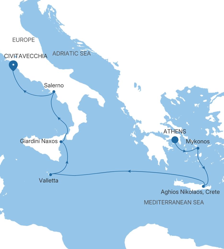 Silver Dawn Athens (Piraeus) to Civitavecchia (Rome) voyage DA280826007 itinerary map