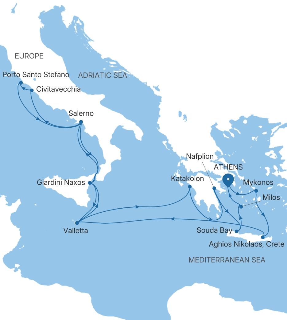 Silver Dawn Athens (Piraeus) to Athens (Piraeus) voyage DA280826C17 itinerary map