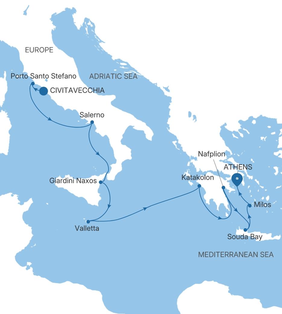 Silver Dawn Civitavecchia (Rome) to Athens (Piraeus) voyage DA280902010 itinerary map