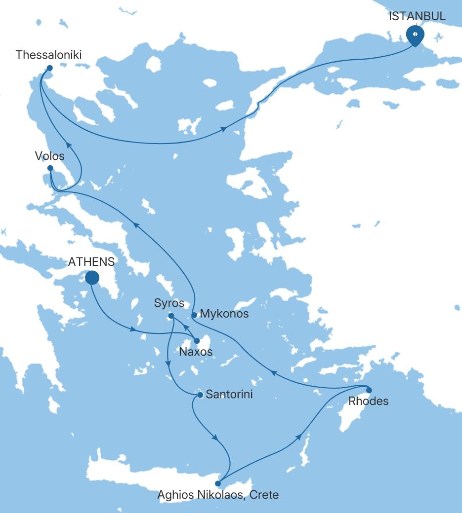 Silver Dawn Athens (Piraeus) to Istanbul voyage DA280912011 itinerary map