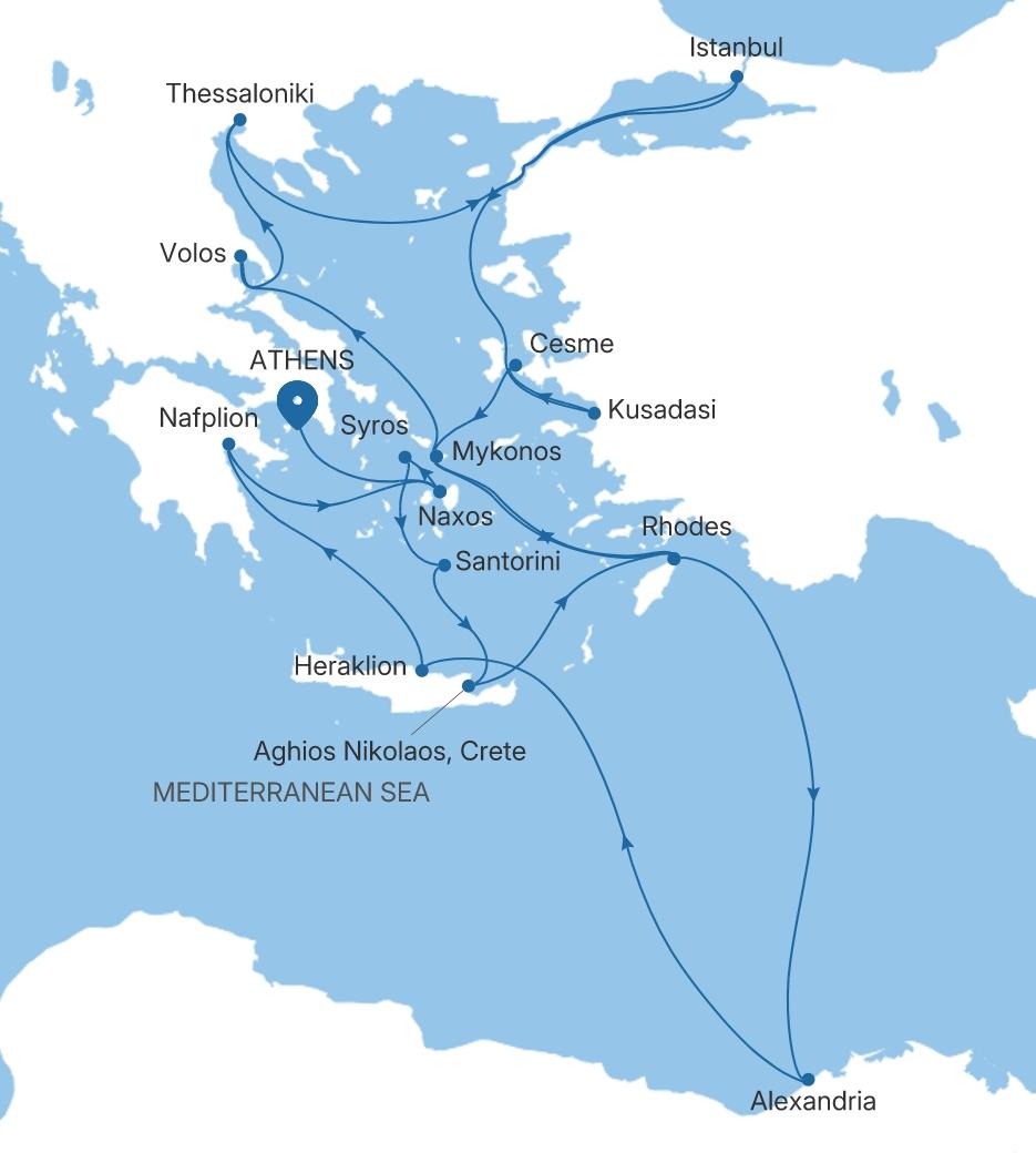 Silver Dawn Athens (Piraeus) to Athens (Piraeus) voyage DA280912C23 itinerary map
