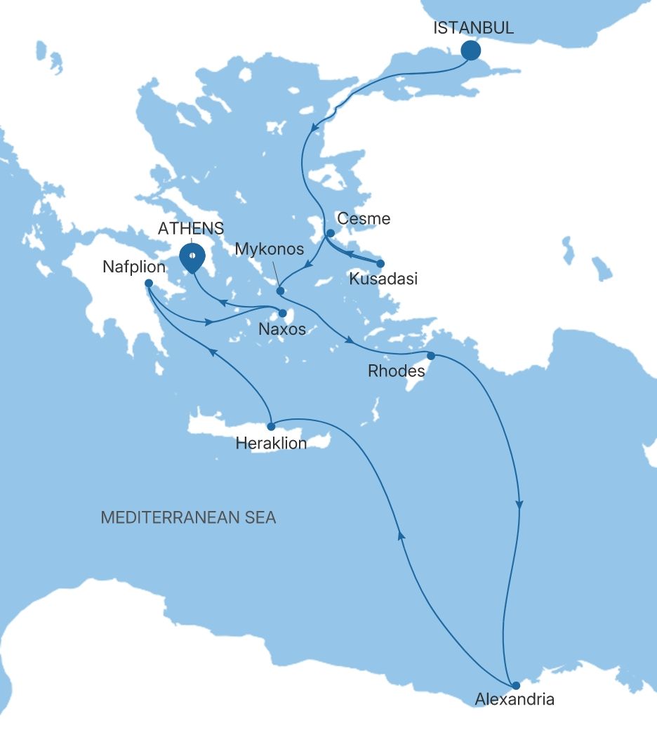 Silver Dawn Istanbul to Athens (Piraeus) voyage DA280923012 itinerary map