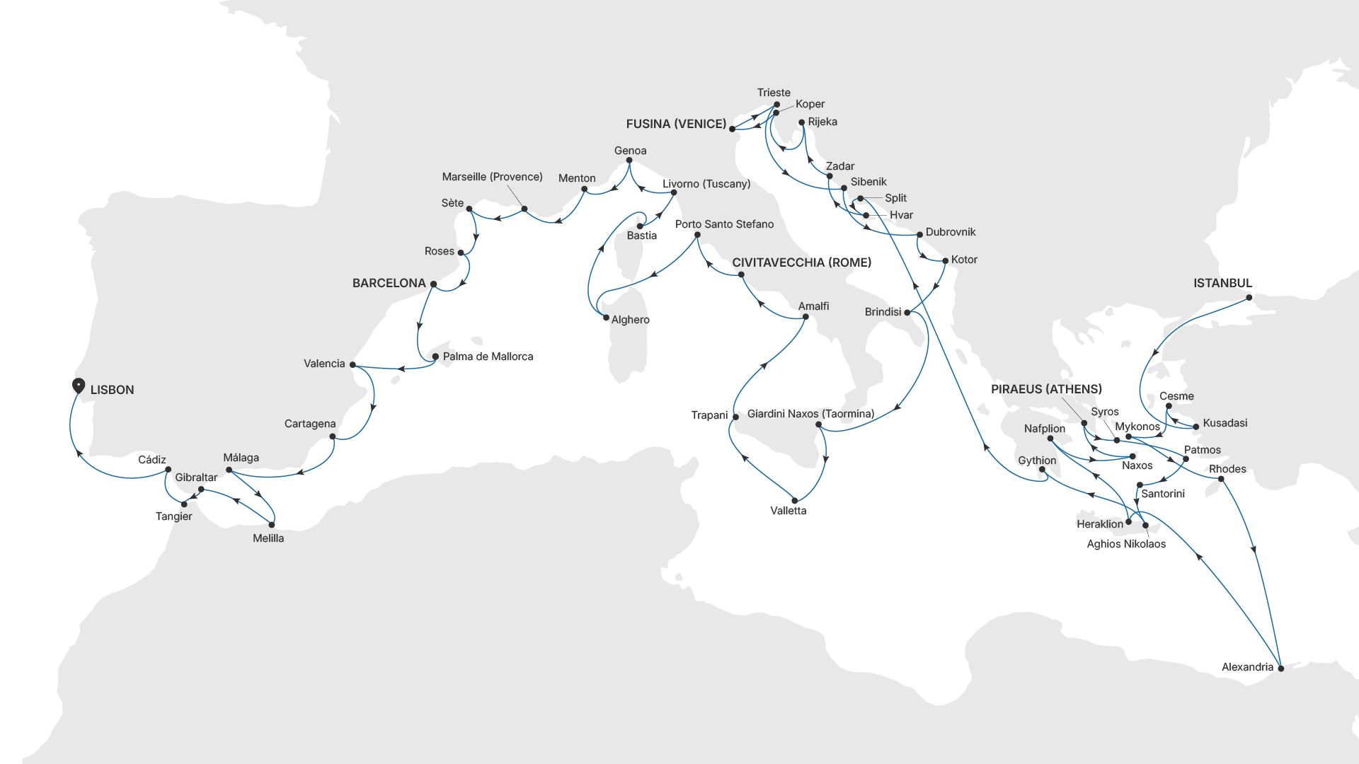 Silver Dawn Istanbul to Lisbon voyage DA280923059 itinerary map