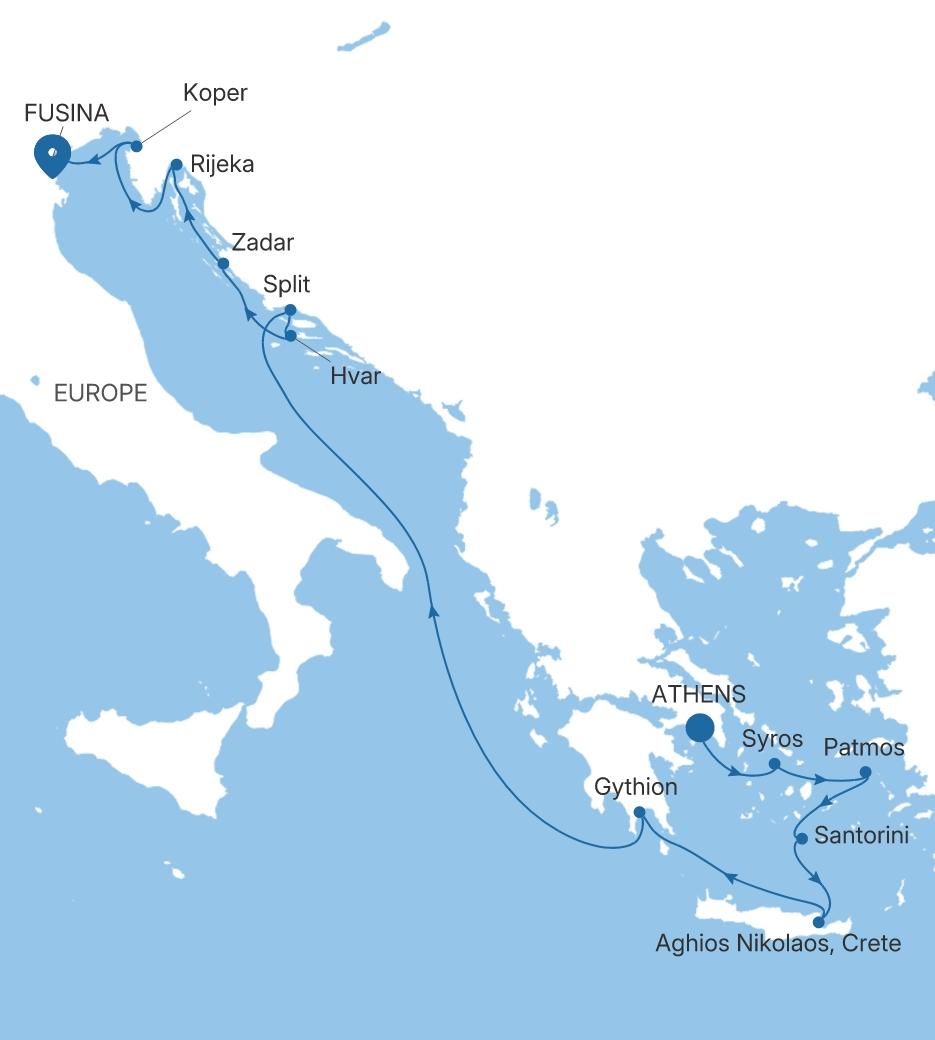 Silver Dawn Athens (Piraeus) to Fusina (Venice) voyage DA281005012 itinerary map