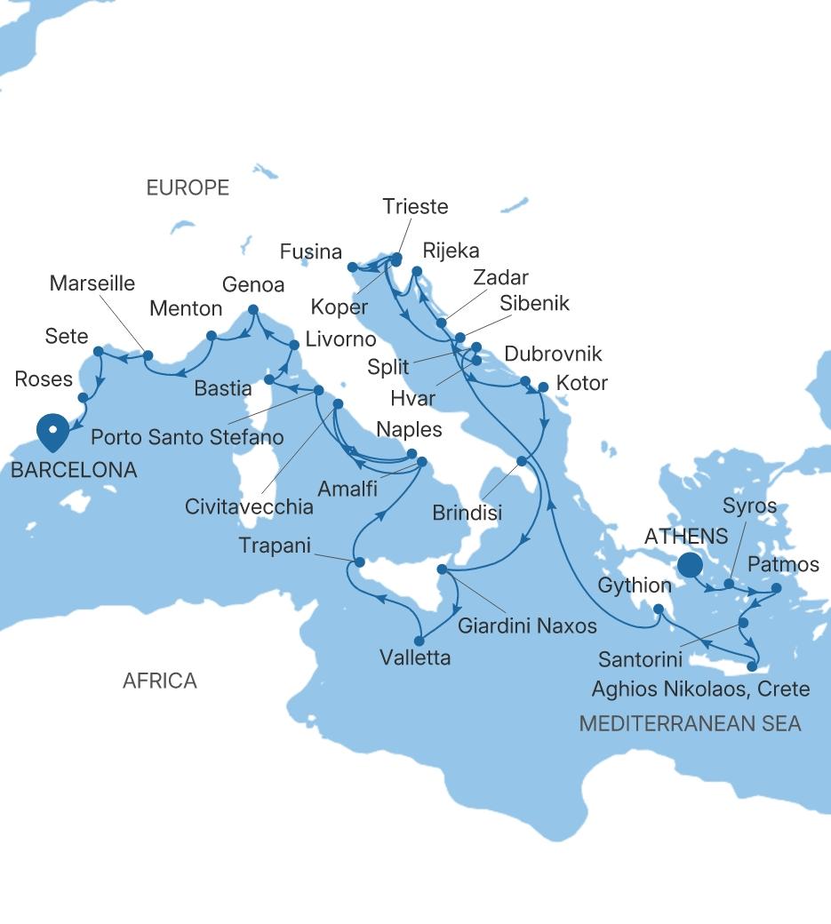 Silver Dawn Athens (Piraeus) to Barcelona voyage DA281005C36 itinerary map