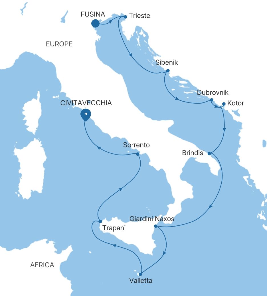 Silver Dawn Fusina (Venice) to Civitavecchia (Rome) voyage DA281017012 itinerary map