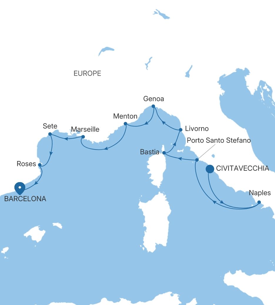 Silver Dawn Civitavecchia (Rome) to Barcelona voyage DA281029012 itinerary map