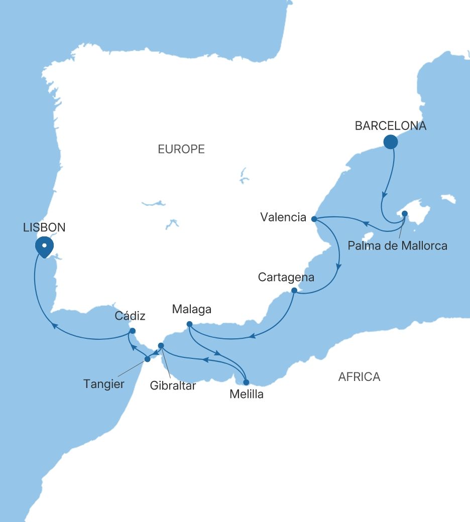 Silver Dawn Barcelona to Lisbon voyage DA281110011 itinerary map