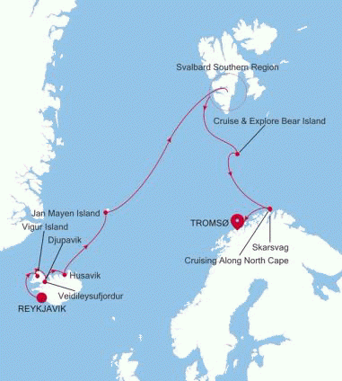 Silver Endeavour Reykjavik to Tromso voyage EV260515013 itinerary map