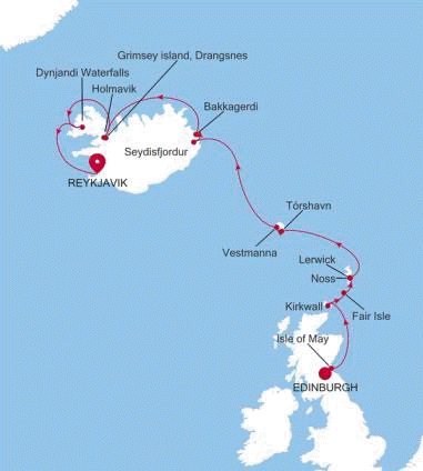 Silver Endeavour Edinburgh (Leith) to Reykjavik voyage EV260504011 itinerary map