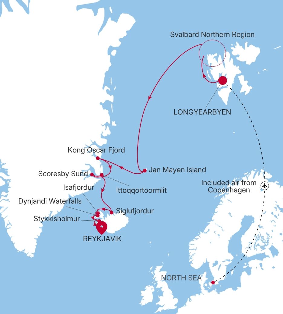 Silver Endeavour Longyearbyen to Reykjavik voyage EV280802018 itinerary map
