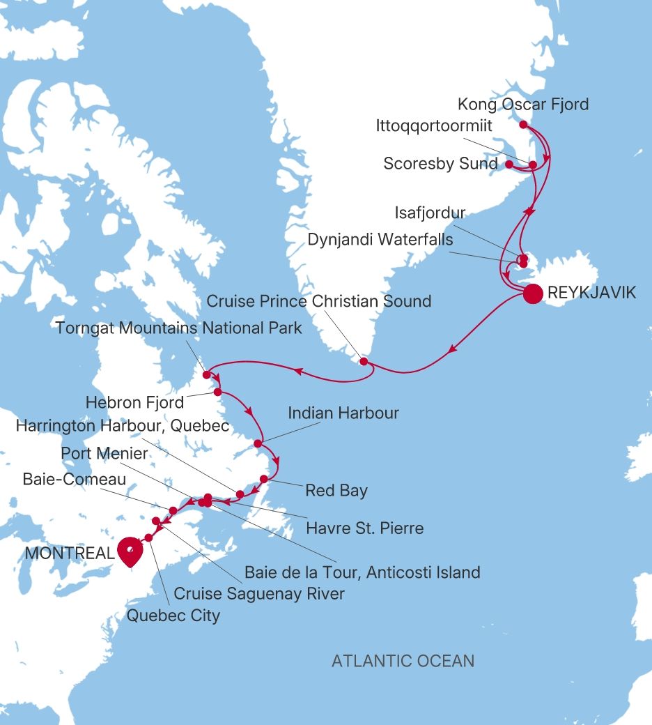 Silver Endeavour Reykjavik to Montreal voyage EV280820C28 itinerary map