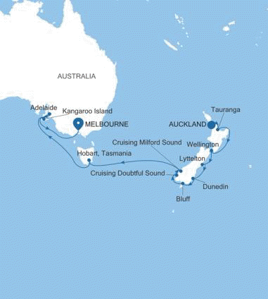 Silver Moon Auckland to Melbourne voyage MO260119016 itinerary map
